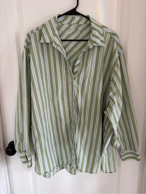 aerie Green and White Striped Button-Down Shirt